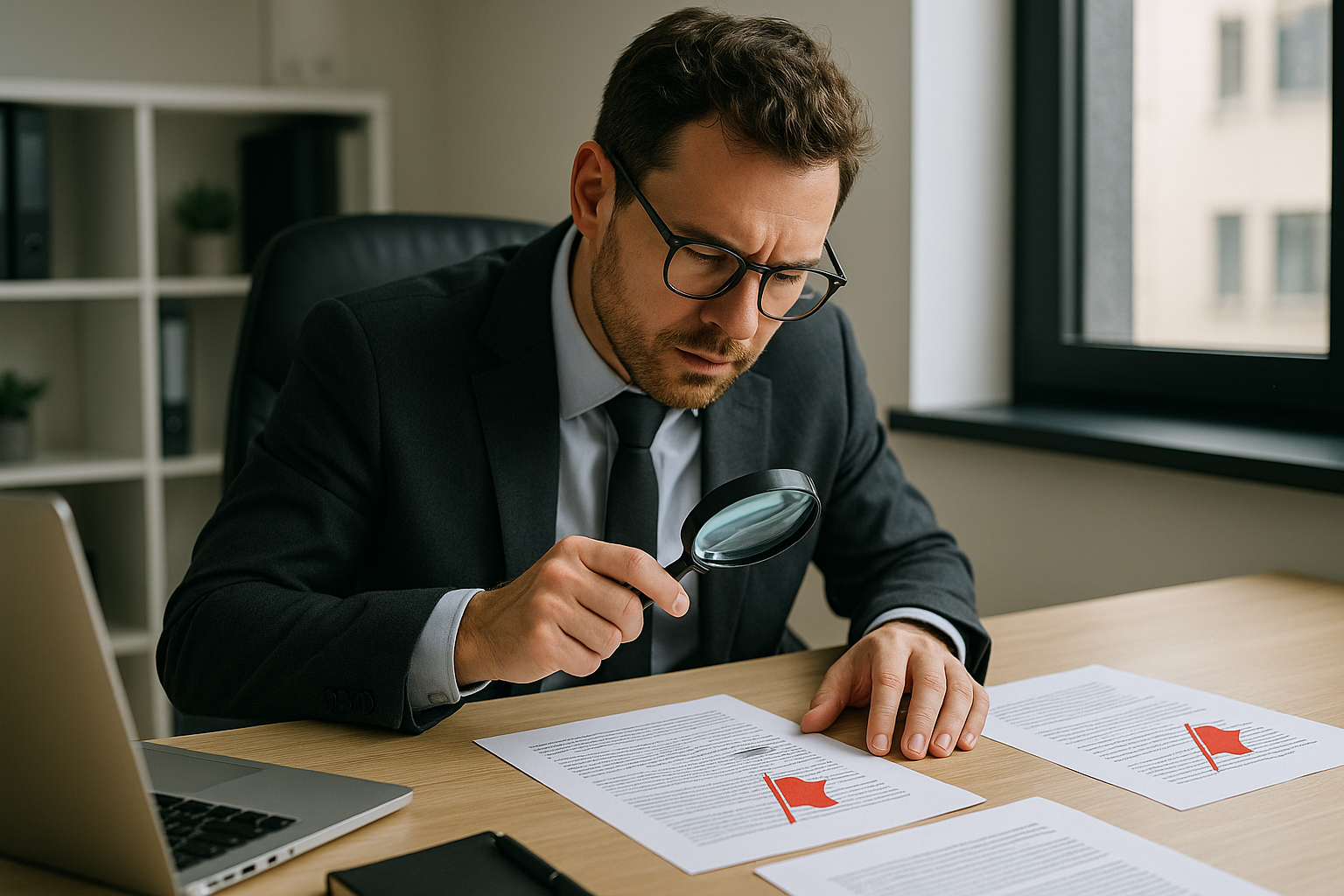 A business founder at a desk reviewing documents with a magnifying glass with red flag icons subtly appearing over certain pages-1