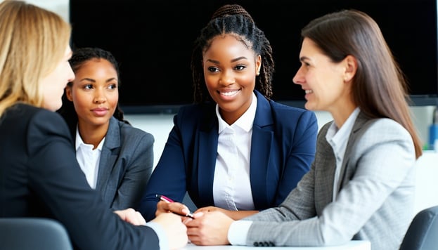 a small diverse group of business people sitting in a meeting